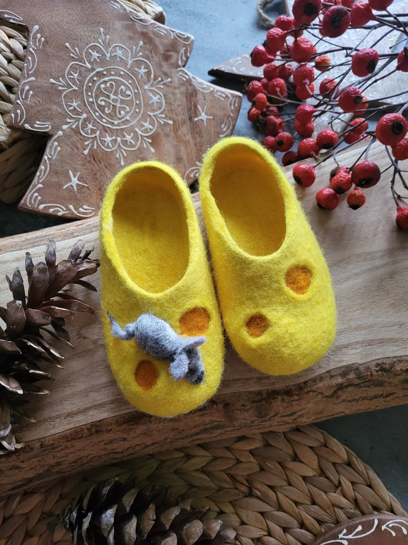 Handmade eco organic wool felted slippers handcrafted cozy warm yellow funny winter shoes for toddlers Christmas gift, baby shower birthday image 2
