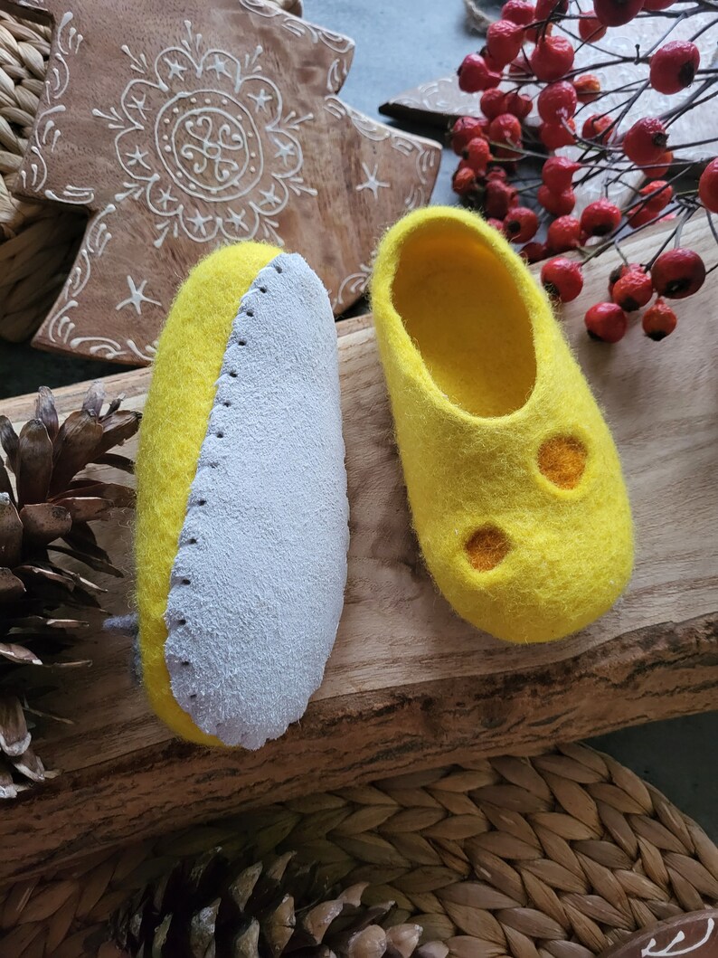 Handmade eco organic wool felted slippers handcrafted cozy warm yellow funny winter shoes for toddlers Christmas gift, baby shower birthday image 6