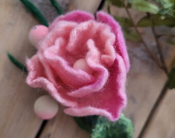 Felted wool brooch pin Pink Rose blossom and berries