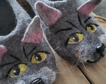 Grey cat organic eco wool handmade felted slippers warm handcrafted shoes woodland animal housewarming Christmas wedding retirement gift