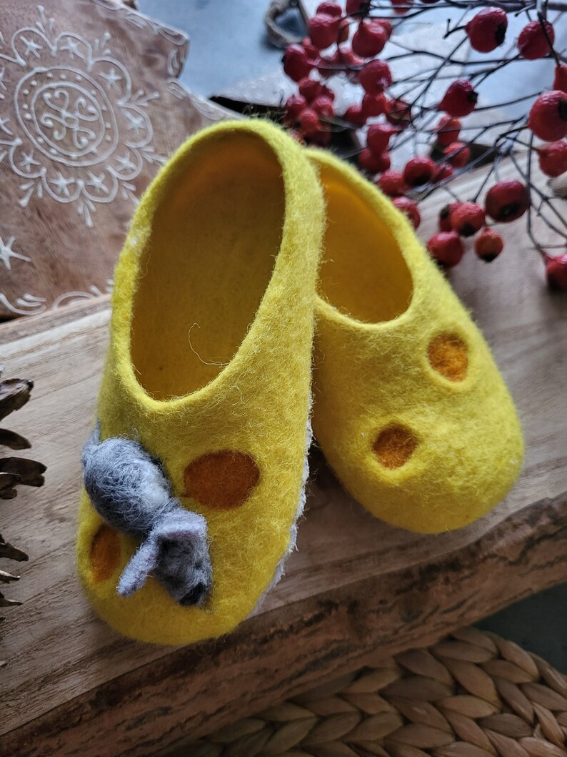 Handmade eco organic wool felted slippers handcrafted cozy warm yellow funny winter shoes for toddlers Christmas gift, baby shower birthday image 4