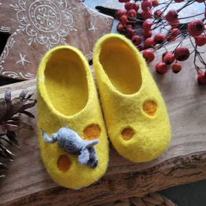 Handmade eco organic wool felted slippers handcrafted cozy warm yellow funny winter shoes for toddlers Christmas gift, baby shower birthday image 1