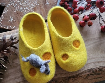 Handmade eco organic wool felted slippers handcrafted cozy warm yellow funny winter shoes for toddlers Christmas gift, baby shower birthday