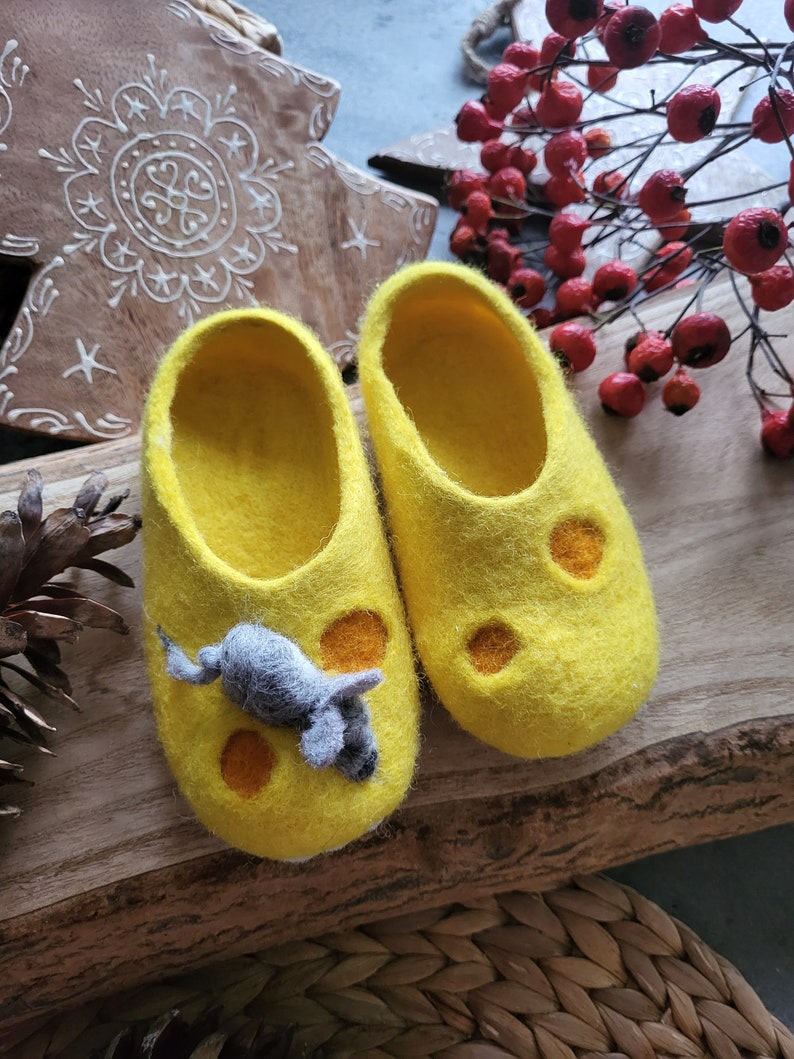 Handmade eco organic wool felted slippers handcrafted cozy warm yellow funny winter shoes for toddlers Christmas gift, baby shower birthday image 1