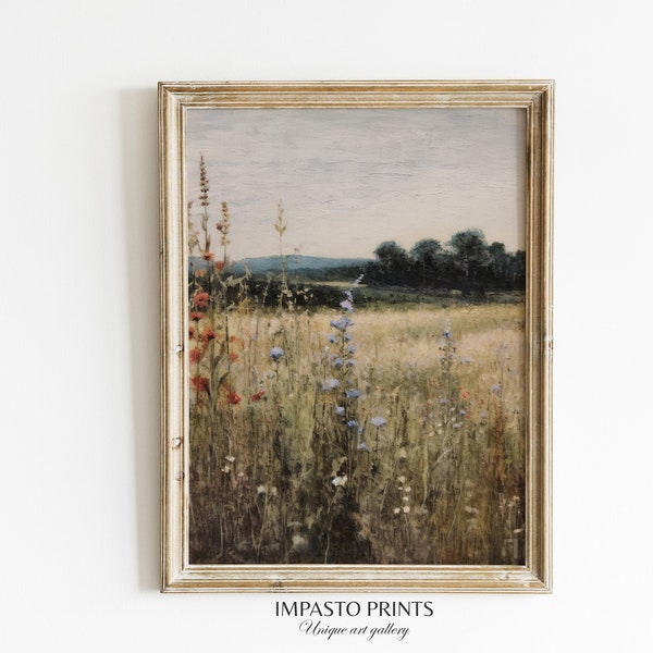 Printable Wildflower Field Landscape Oil Painting | Vintage Landscape Art Print | Country Field Wall Art | Digital Download | Vintage Art