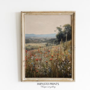Printable Wildflower Field Landscape Oil Painting | Vintage Landscape Art Print | Country Field Wall Art | Digital Download | Vintage Art