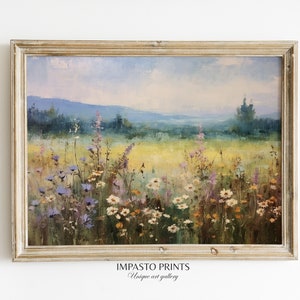 Printable Wildflower Field Landscape Oil Painting | Vintage Landscape Art Print | Country Field Wall Art | Digital Download | Vintage Art