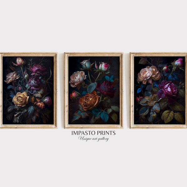 Set of 3 Printable Jewel Tone Dark Floral Wall Art Prints Peony Painting Prints Flower Wall Art Dark Botanical Decor Dark Academia Prints