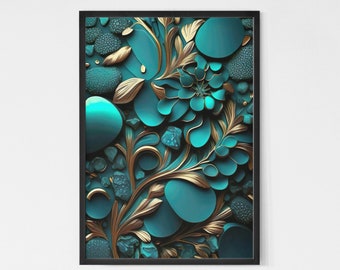 Teal and Gold Botanical Digital Art Print - Elegant Floral Wall Decor - Instant Download for Home or Office