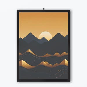 Navy and Gold Abstract Mountain Sunset Digital Download | Celestial Modern Wall Art