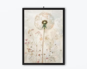 Botaniczny Dandelion Digital Wall Art, Elegancki Minimalistyczny Wydruk, Inspirowana Naturą Pobieralna Sztuka Do Wystroju Domu