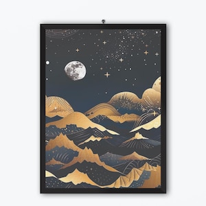 May include: A framed print of a stylized landscape with gold and blue mountains under a dark blue sky with a full moon and stars.