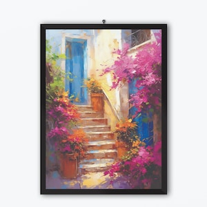 Mediterranean Bliss Digital Art Download - Vibrant Staircase with Floral Accents