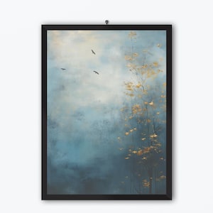 Blue and Gold Abstract Wall Art Digital Download | Nature-Inspired Modern Art with Birds and Golden Leaves | Instant Download