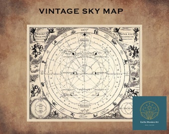 Vintage Sky Map, Star Map Print, Constellation Map, Night Sky Map, Vintage Print, Digital Download, Vintage Printable