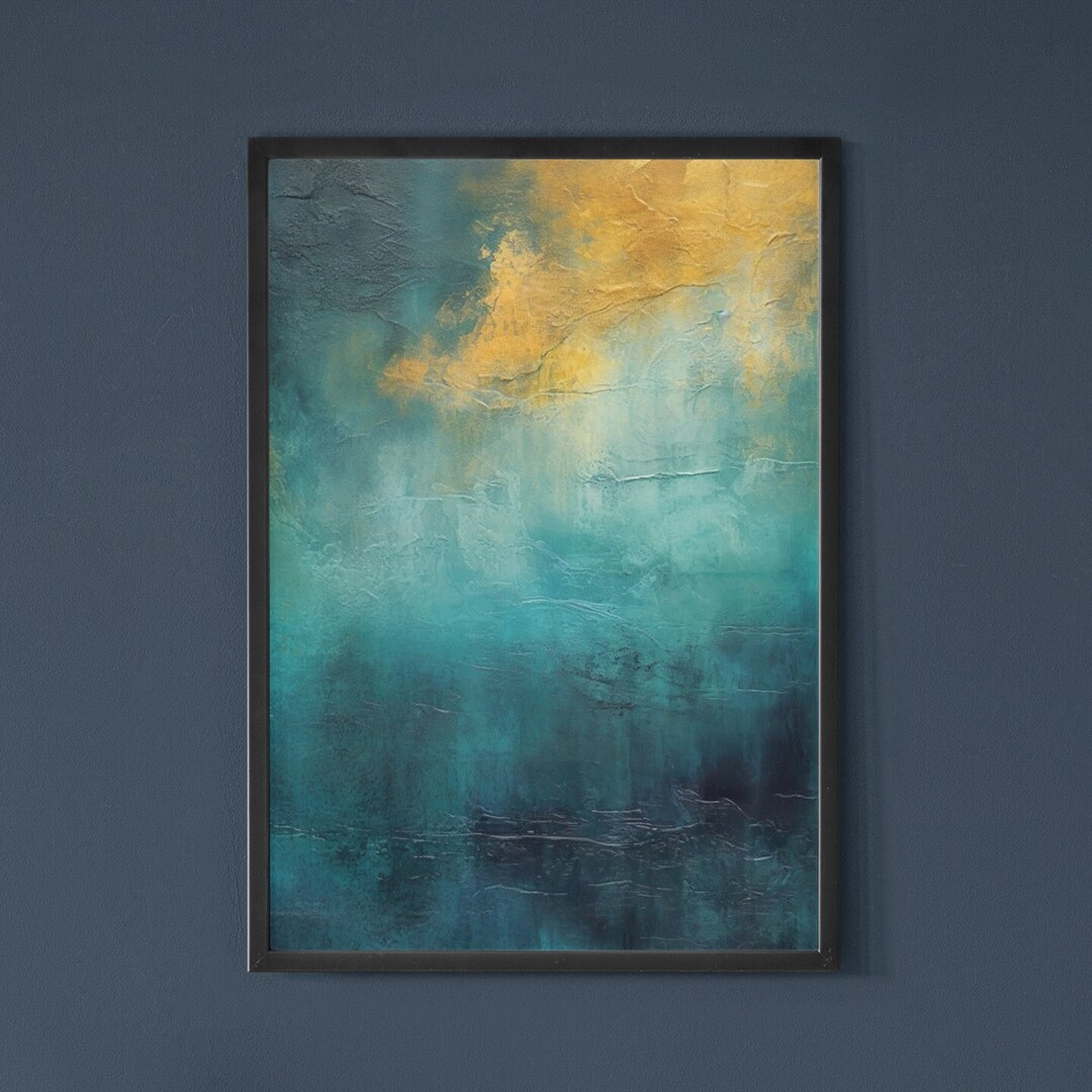 Abstract Digital Dark Teal and Gold Wall Art for Modern Home Decor