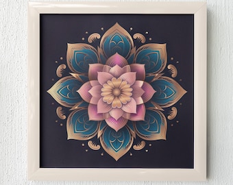 Elegant Mandala Digital Art Print, Boho Minimalist Wall Decor, Pink and Gold Flower Art Download