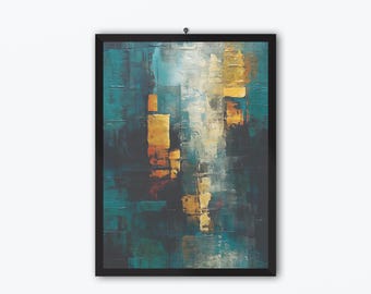 Pintura digital geométrica abstracta en verde azulado y amarillo: arte minimalista moderno para descargar