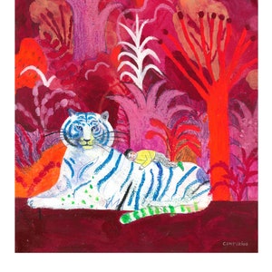 Lámina "Selva Roja" sobre papel, Pintura de tigre, Libros infantiles, Pintura colorida, Ilustración de la naturaleza, Arte psicodélico, Surrealismo