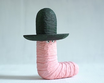 Worm with a Hat wooden sculpture, cute worm with sombrero, gardener gift