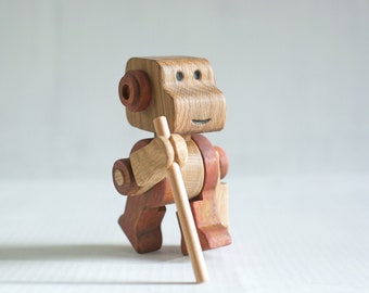 Wooden Robot Toy with a Stick, mandalorian inspired action figure, star wars wood robot