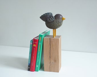 Hand Carved Wood Bird Bookend, bird book holder, handmade oak book stand, reader gift, book lover gift, wooden reading room decoration