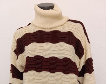Vintage Sports Star chocolate oversize brown and cream 90s roll neck striped ribbed sweater
