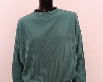 Vintage 80s teal green embroidered ribbed jersey sweater jumper