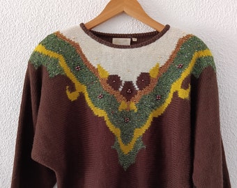 Vintage 1970s batwing brown gold green festive crested Christmas knitted jumper shoulder pads