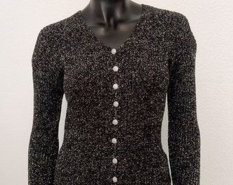 Vintage 1970s black sparkle glitter fine ribbed party cardigan cocktail party top