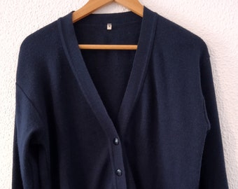 Vintage 90s plain simple utility minimalist uniform navy v-neck wool cardigan