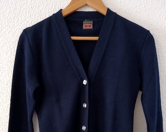 Vintage Y2K simple plain uniform utility chic navy v-neck cardigan with pockets