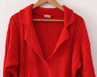 Vintage red cotton knitted 90s ribbed v-neck cotton v-neck sweater di bari