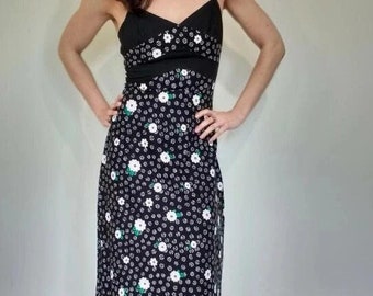 Wunderschönes Vintage 1970s Flower Power florales schwarzes Maxi-Daisy-Kleid