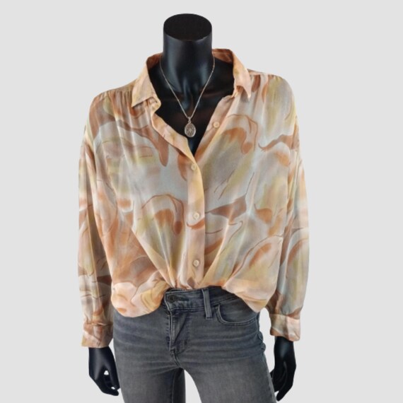 Pure Silk 90s Swirl Blouse, Sheer Oversized Romantic Shirt, Abstract Button Down, UK12, US8, EU40