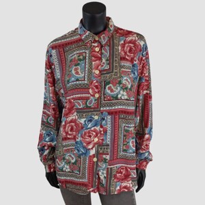 90s Paisley Patchwork Blouse, Oversized Baroque Rose Print Vintage Shirt, UK16, US12, EU44