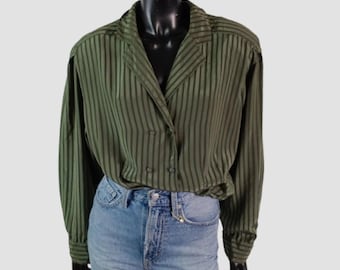 Vintage 80s Khaki Green Striped Blouse, Military Style, UK16 US12