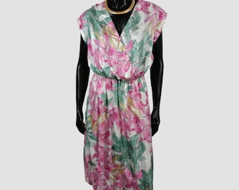 Vintage Handmade Satin Dress, 80s Floral Print, UK12/US8/EU40