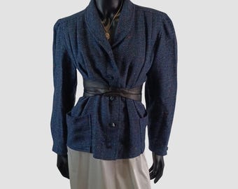 80s Blue Wool Blazer, Puff Sleeve Boxy Jacket, Textured Vintage Blazer, UK14, US10, EU42