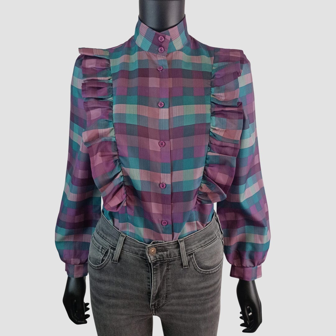 80s Romantic Ruffle Blouse, Plaid Vintage Shirt, Retro Check, EU36, UK8 ...