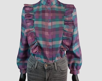 80s Romantic Ruffle Blouse, Plaid Vintage Shirt, Retro Check, EU36, UK8, US4