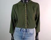 90s Khaki Peter Pan Collar Blouse, Vintage Folklore Solid Colour Shirt, Romantic Button Down Top, UK10, US6, EU38