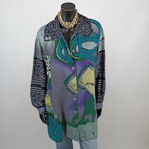 Vintage Abstract Blouse, Oversized 80s shirt, Loud 80s Blouse, Shoulder Pad Blouse, 80s Maximalist Shirt, Bold Vintage Shirt, 80s Aesthetic