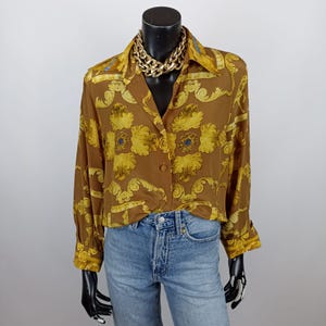 Vintage silk box blouse, vintage unique silk shirt, 90s silk shoulder pad blouse, Old Money Shirt Italian baroque vintage blouse Size Medium