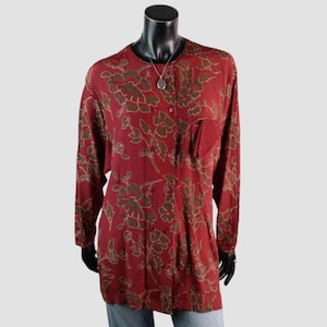 90s Art Nouveau Floral Blouse, Red Khaki Print Shirt, Double Button Vintage Top, Polka Dot Backdrop, UK16, US12, EU44