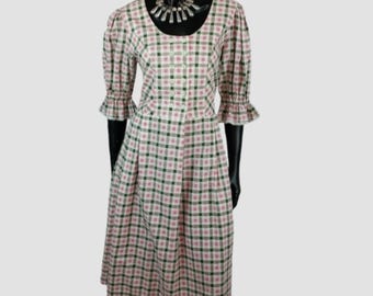 Vestido de algodón estilo pradera de los 80, largo midi de cuadros vichy rosa, vestido vintage de estilo campesina con mangas abullonadas, talla UK10, EU38