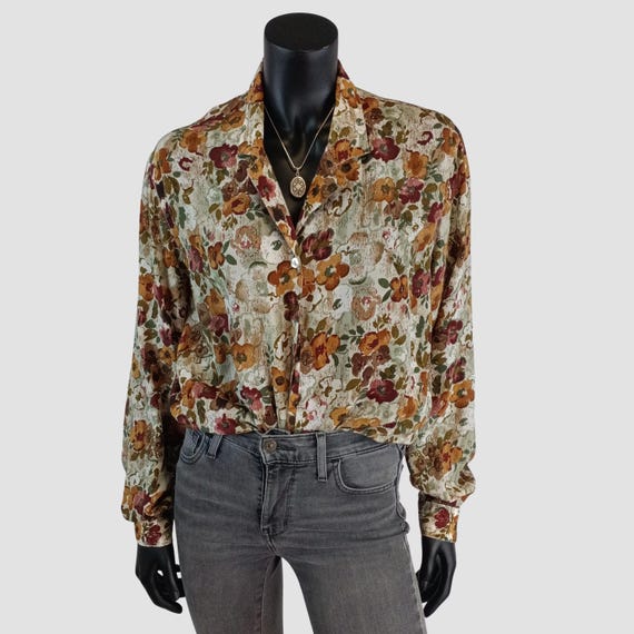 Pure Silk 90s Floral Blouse, Brown Oversized Vintage Button Down Shirt, UK10, US6, EU38