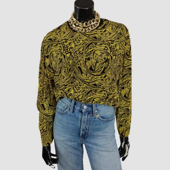 Silk Blend Art Nouveau Blouse, Dramatic Vintage Shirt, Abstract Print, UK14, US10, EU42/XL