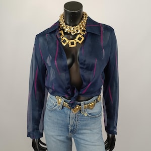 Sheer Vintage Silk Blouse, Vintage Chic Silk Blouse, Navy Pink Striped Blouse, Vintage Navy Blue Blouse, Pure Silk Blouse, Layering Blouse