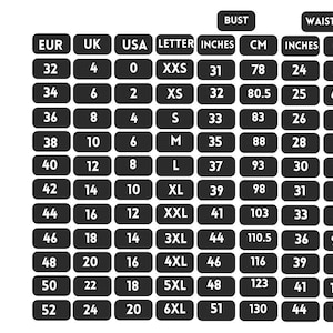 May include: A size chart from Cueva Chica Vintage, with measurements in inches and centimeters. The chart includes bust, waist, and hip measurements, along with European, UK, and USA sizes, and letter sizes from XXS to 6XL.